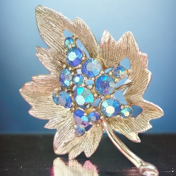 Golden Leaf Brooch With Blue Rhinestones for Women, Gold Jewelry Pin - Picture 1 of 10